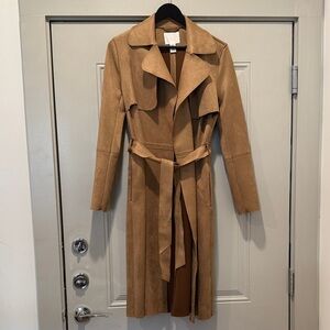 Camel Faux Suede Long Belted Trench Coat